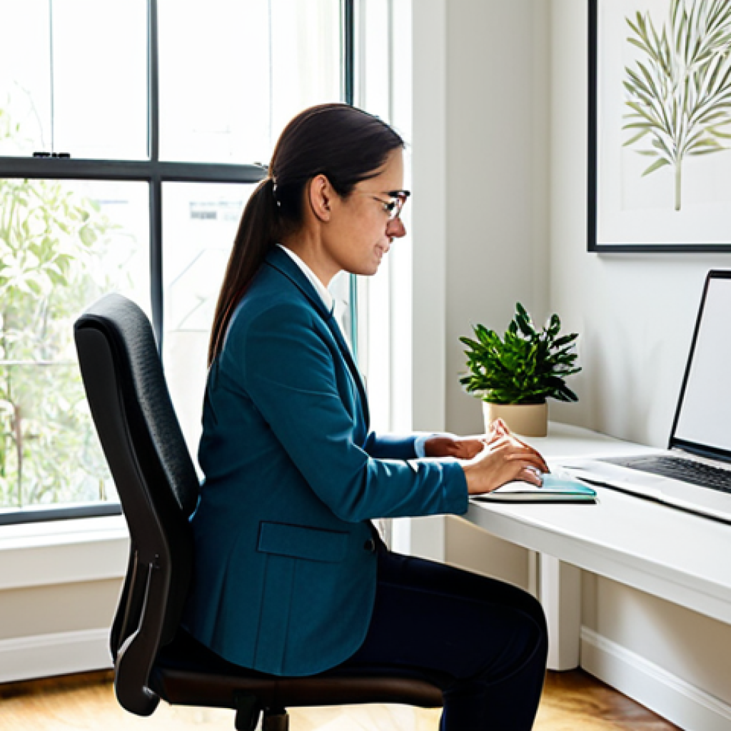 A professional individual, dressed in modest, comfortable business casual attire, working diligently at a clean, organized desk within a bright home office. The space is filled with natural sunlight coming through a large window, featuring a comfortable ergonomic chair, and subtle personal touches like a small indoor plant and an inspirational piece of wall art. The atmosphere is calm and conducive to focused work. The person has perfect anatomy, correct proportions, and a natural, contemplative pose with well-formed hands and proper finger count. Professional photography, high quality, safe for work, appropriate content, fully clothed, modest, family-friendly.