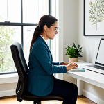 A professional individual, dressed in modest, comfortable business casual attire, working diligently at a clean, organized desk within a bright home office. The space is filled with natural sunlight coming through a large window, featuring a comfortable ergonomic chair, and subtle personal touches like a small indoor plant and an inspirational piece of wall art. The atmosphere is calm and conducive to focused work. The person has perfect anatomy, correct proportions, and a natural, contemplative pose with well-formed hands and proper finger count. Professional photography, high quality, safe for work, appropriate content, fully clothed, modest, family-friendly.