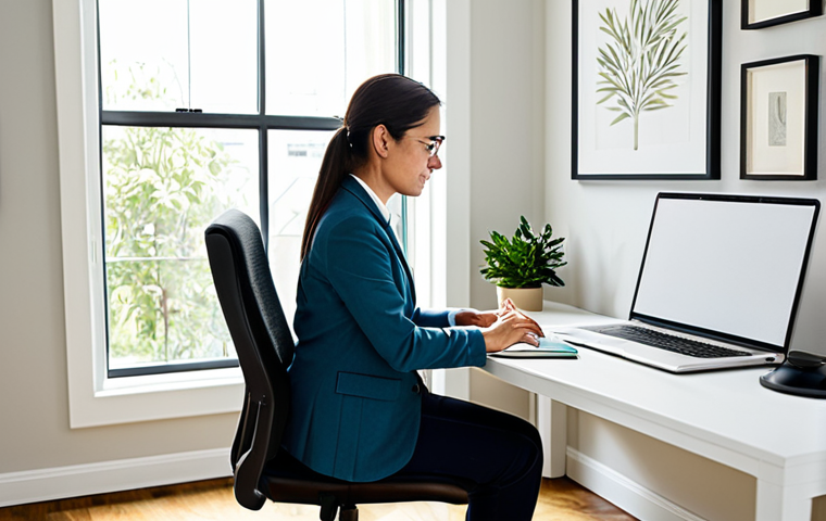 A professional individual, dressed in modest, comfortable business casual attire, working diligently at a clean, organized desk within a bright home office. The space is filled with natural sunlight coming through a large window, featuring a comfortable ergonomic chair, and subtle personal touches like a small indoor plant and an inspirational piece of wall art. The atmosphere is calm and conducive to focused work. The person has perfect anatomy, correct proportions, and a natural, contemplative pose with well-formed hands and proper finger count. Professional photography, high quality, safe for work, appropriate content, fully clothed, modest, family-friendly.