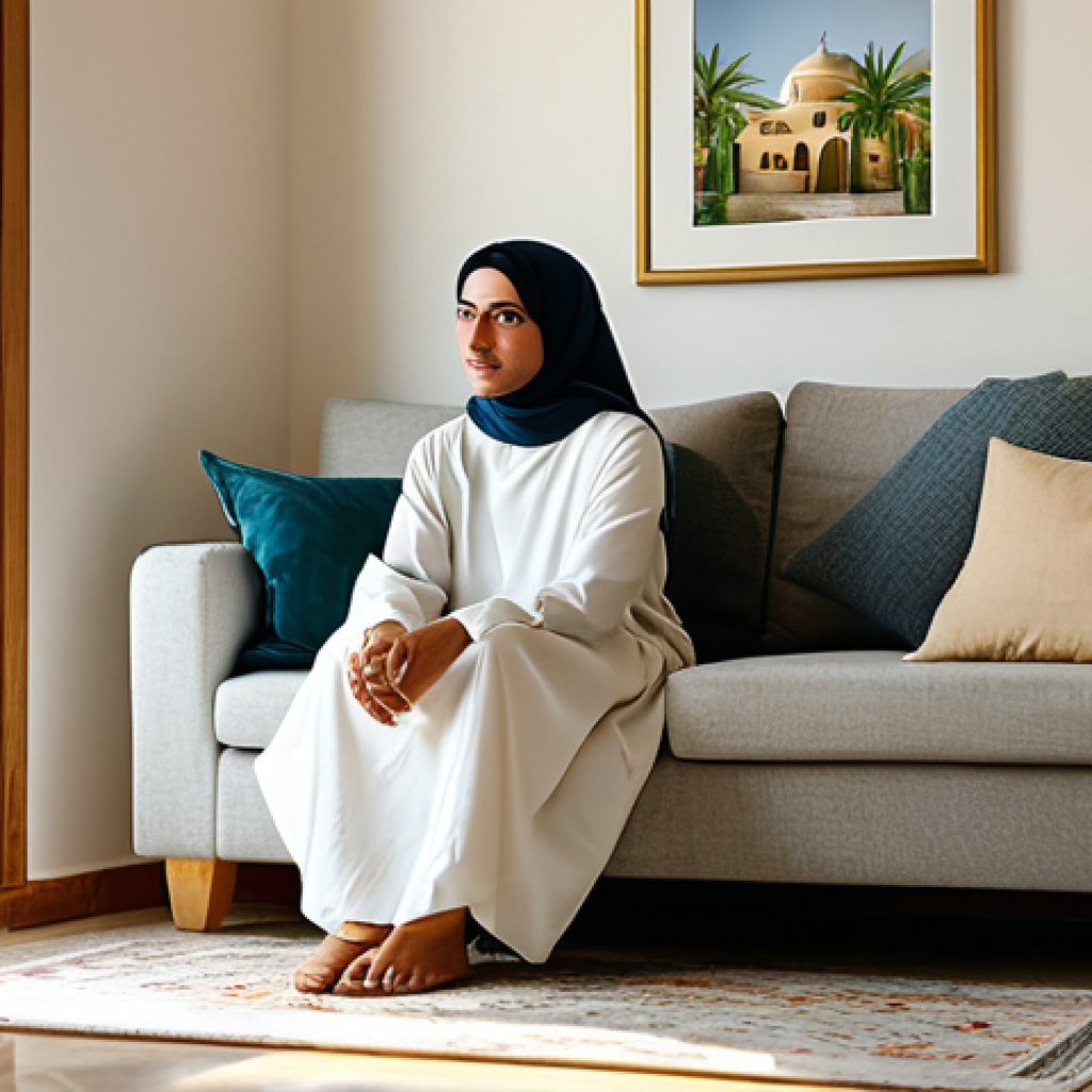 Home Comfort** "A fully clothed woman in modest, traditional Arabic clothing, sitting comfortably in a well-lit living room with ergonomic furniture, surrounded by indoor plants, safe for work, perfect anatomy, natural proportions, soft, diffused lighting, professional home interior photography, high quality, appropriate content." **