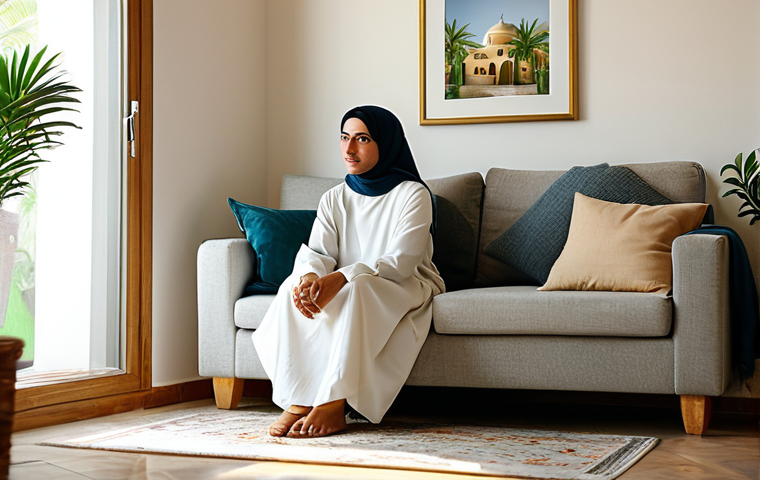 Home Comfort** "A fully clothed woman in modest, traditional Arabic clothing, sitting comfortably in a well-lit living room with ergonomic furniture, surrounded by indoor plants, safe for work, perfect anatomy, natural proportions, soft, diffused lighting, professional home interior photography, high quality, appropriate content." **