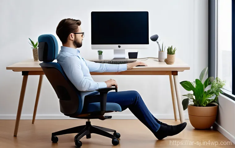 인체공학적 설계를 위한 가이드라인 - "A modern, clean home office setup featuring a comfortable, ergonomically designed workspace. A prof...