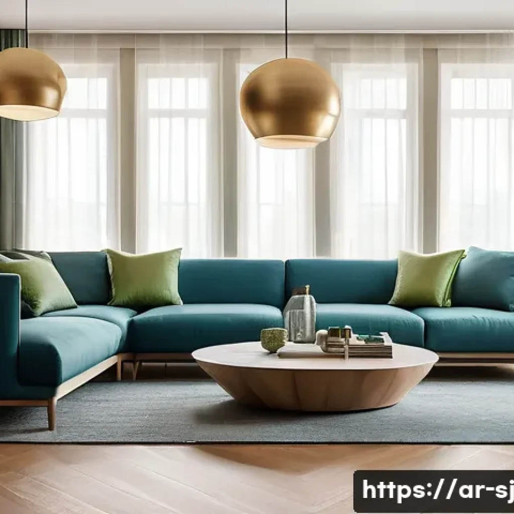 인체공학적 설계를 위한 가구 배치 예시 - A modern living room interior designed for an Arabic home, featuring spacious open areas between fur...