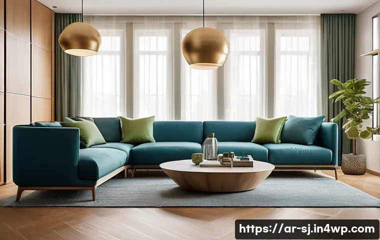 인체공학적 설계를 위한 가구 배치 예시 - A modern living room interior designed for an Arabic home, featuring spacious open areas between fur...