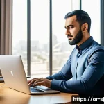 홈 오피스에서의 운동과 스트레칭 루틴 - A professional Arabic man in his early 30s wearing modest office attire and seated at a modern home ...