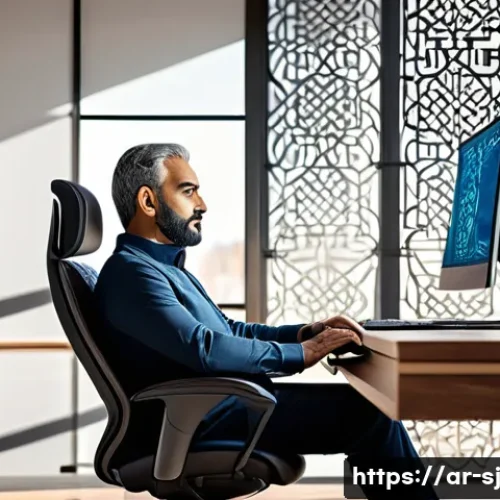 인체공학적 디자인의 사례 연구 - A modern Arabic office setting with a middle-aged Arab man sitting comfortably on an adjustable ergo...