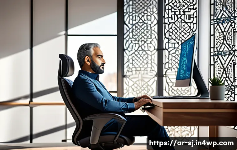 인체공학적 디자인의 사례 연구 - A modern Arabic office setting with a middle-aged Arab man sitting comfortably on an adjustable ergo...