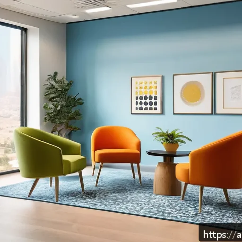 편안한 작업 환경을 위한 색상 선택 팁 - A modern Arab office interior bathed in natural daylight, featuring light blue walls symbolizing cal...