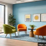 편안한 작업 환경을 위한 색상 선택 팁 - A modern Arab office interior bathed in natural daylight, featuring light blue walls symbolizing cal...