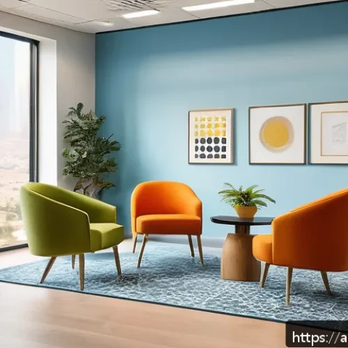 편안한 작업 환경을 위한 색상 선택 팁 - A modern Arab office interior bathed in natural daylight, featuring light blue walls symbolizing cal...
