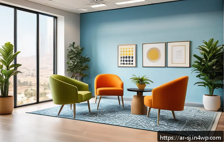 편안한 작업 환경을 위한 색상 선택 팁 - A modern Arab office interior bathed in natural daylight, featuring light blue walls symbolizing cal...